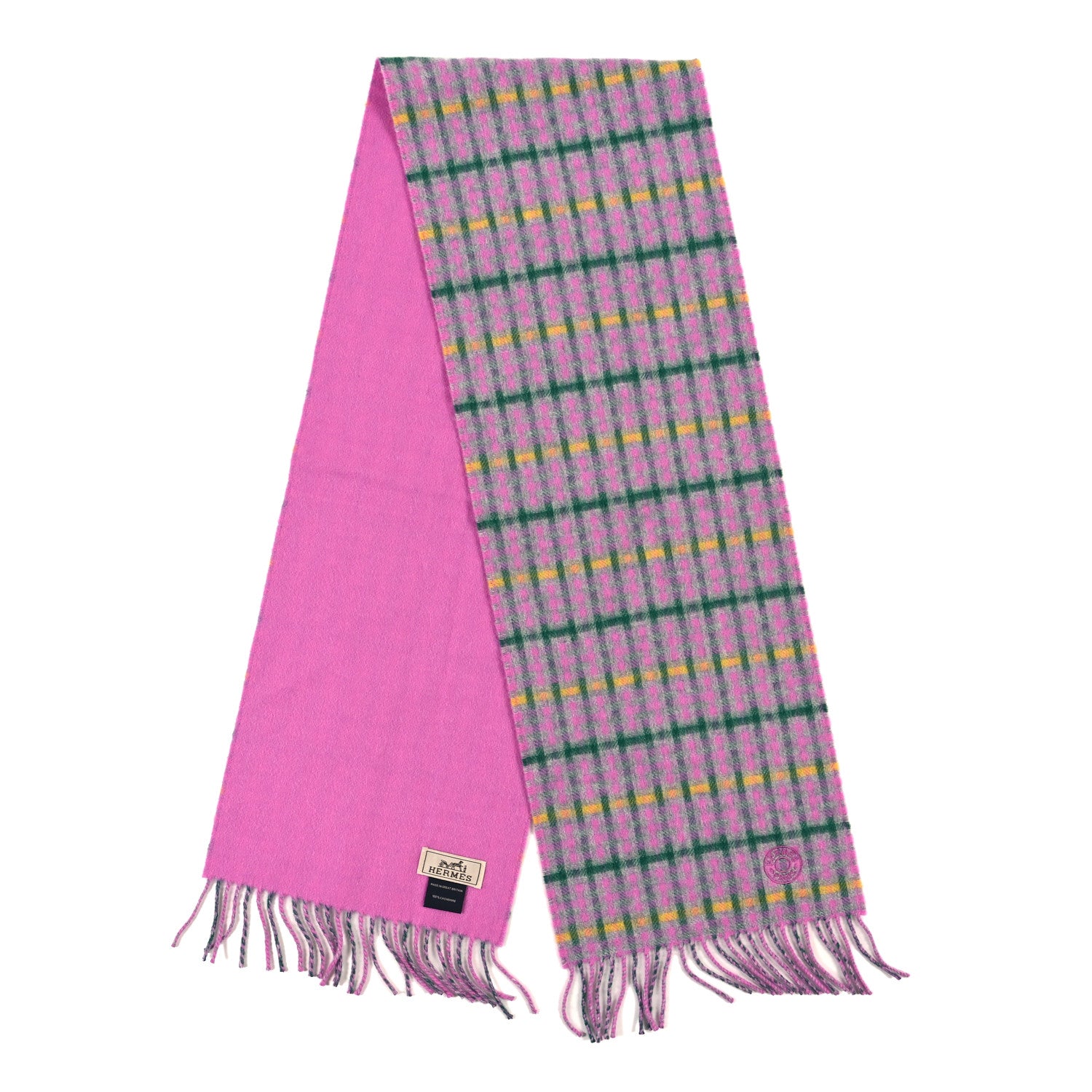 Hermes Cashmere H Ecossais Recto Verso Muffler Rose Vert Jaune