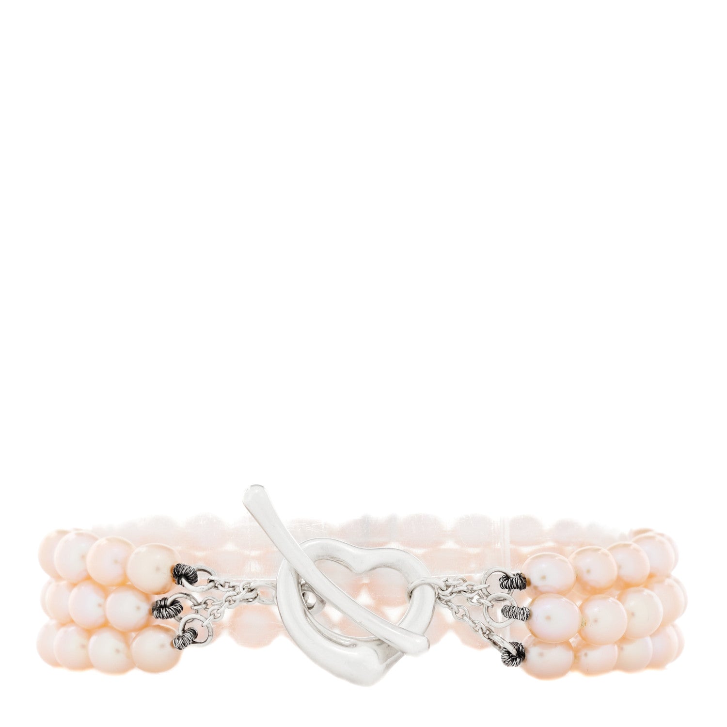 Tiffany Sterling Silver Pink Pearl Elsa Peretti Three Strand Heart Toggle Bracelet 2 of 4