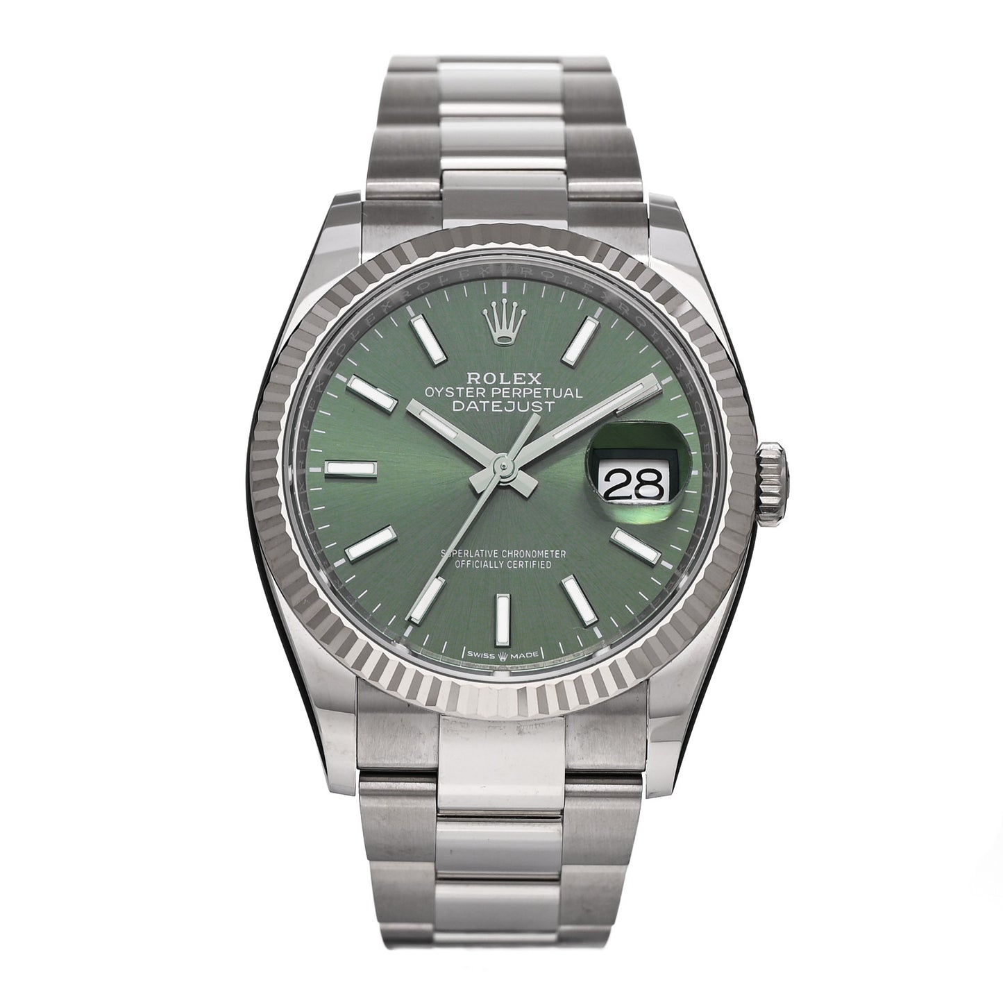 Stainless Steel 18K White Gold 36mm Oyster Perpetual Datejust Watch Mint Green 126234