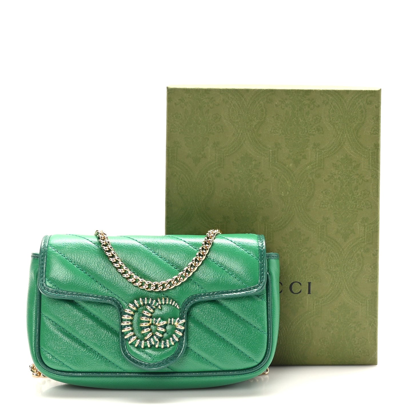 Azalea Calfskin Enamel Matelasse Diagonal Super Mini Torchon GG Marmont Shoulder Bag New Shamarock Emerald