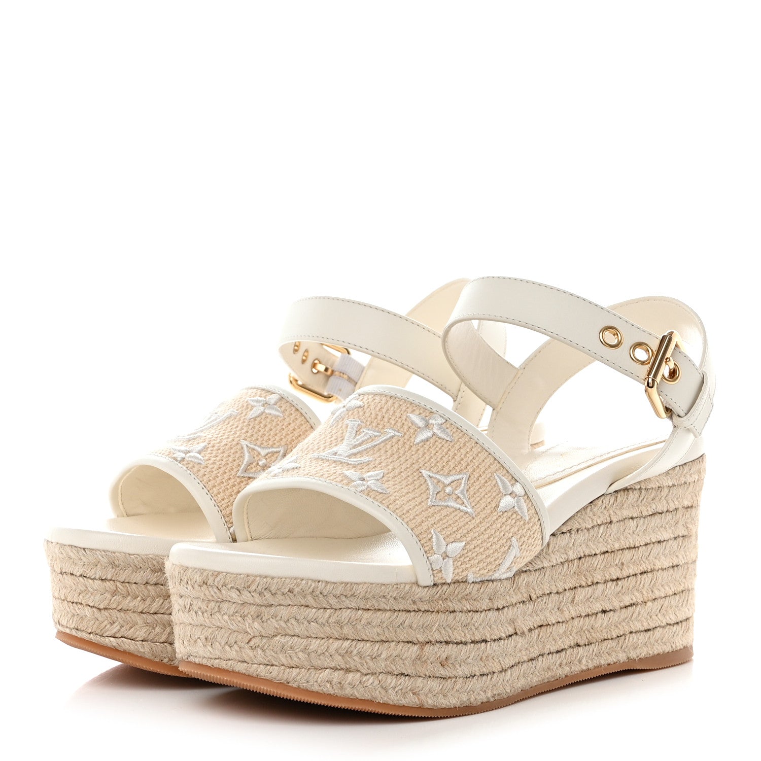Louis Vuitton Cotton Monogram Embroidered Starboard Wedge Espadrilles 38.5 Beige White 3 of 8