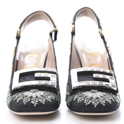 Gucci Moire Fabric Eyes Crystal Square G Madelyn Slingbacks 36 Black 2 of 10