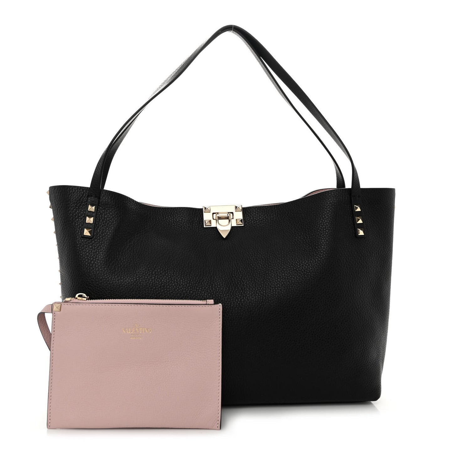 Grainy Calfskin Medium Rockstud Tote Black Rose Quartz