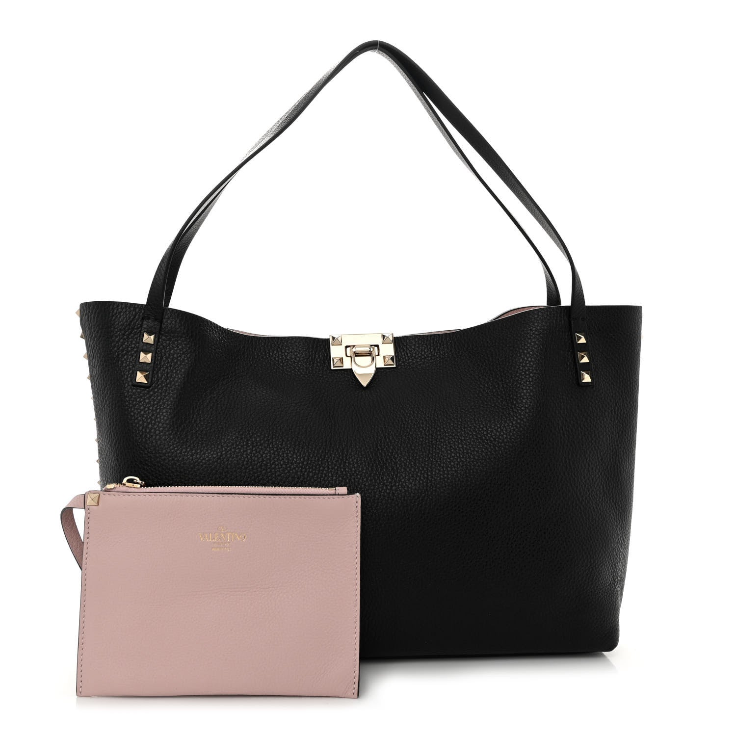 Valentino Garavani Grainy Calfskin Medium Rockstud Tote Black Rose Quartz 1 of 10