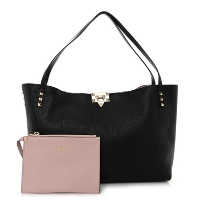 Valentino Garavani Grainy Calfskin Medium Rockstud Tote Black Rose Quartz 1 of 10