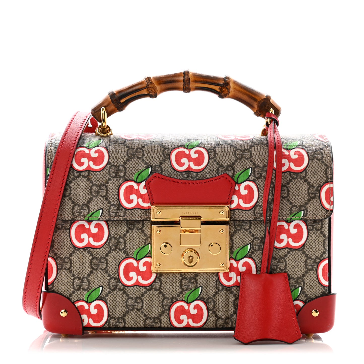 GG Supreme Monogram Apple Small Padlock Bamboo Shoulder Bag Beige Multicolor Lobster Red