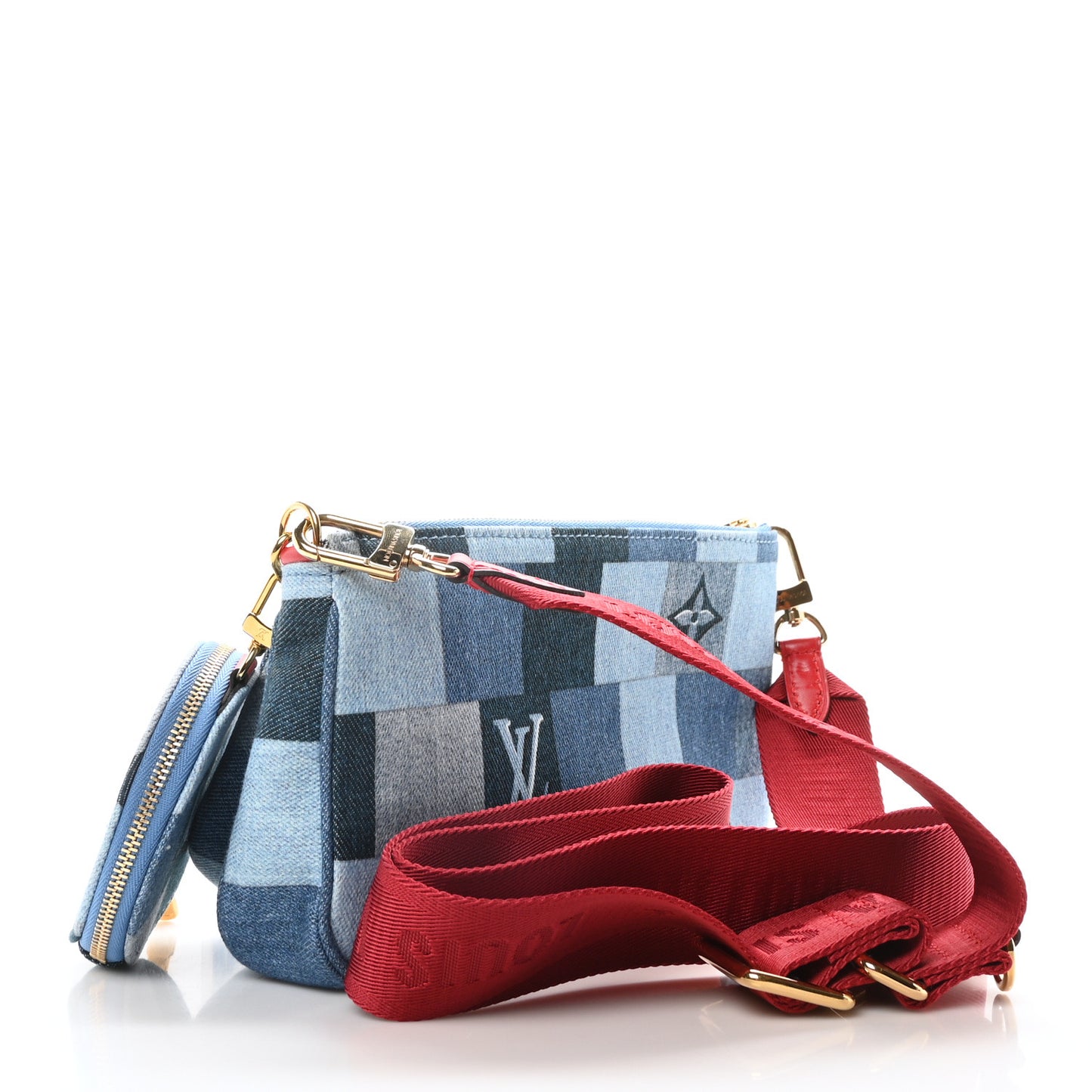 Denim Damier Monogram Patchwork Multi Pochette Accessories Blue Rouge