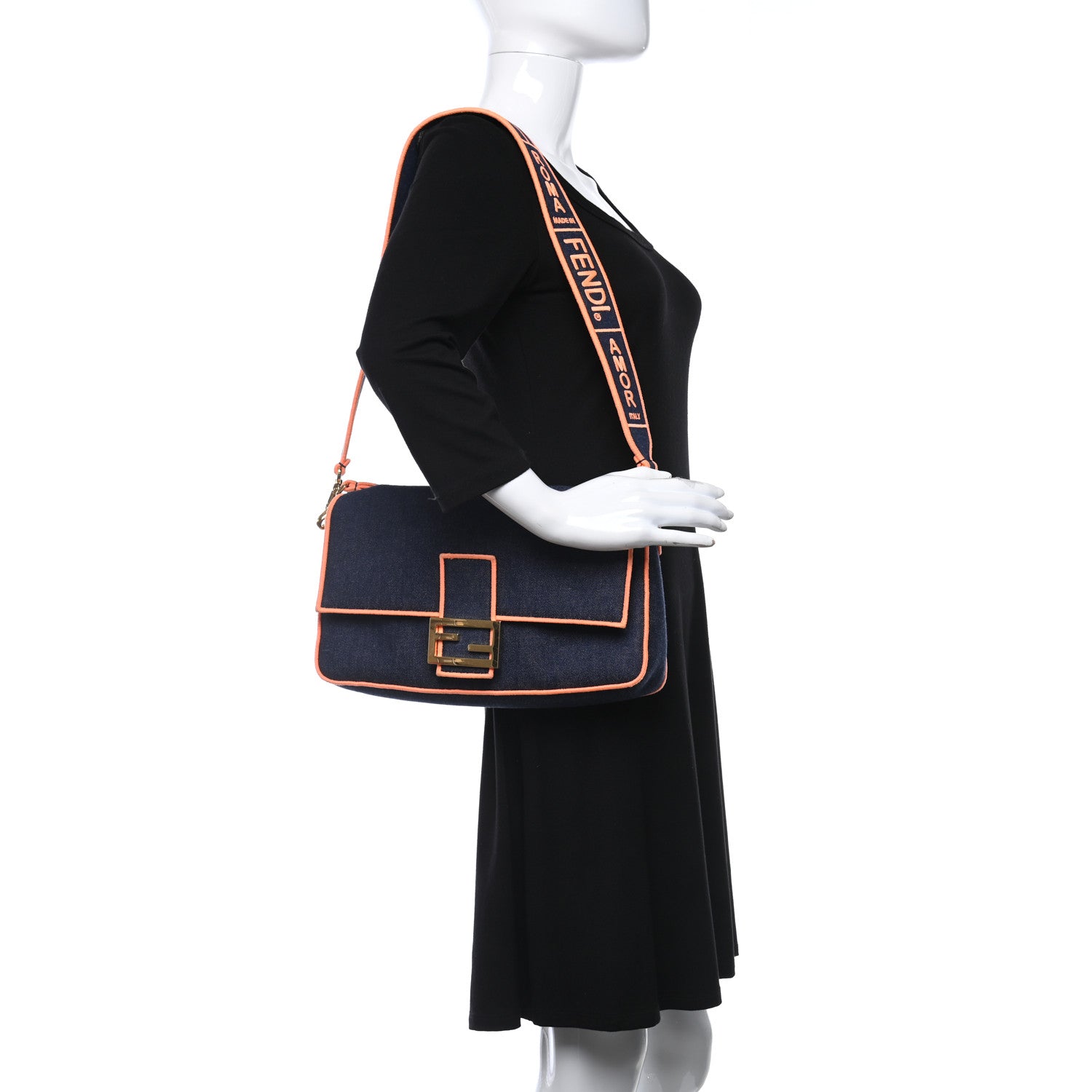 Fendi Denim Large Baguette Blue Arancio Fluo 3 of 8