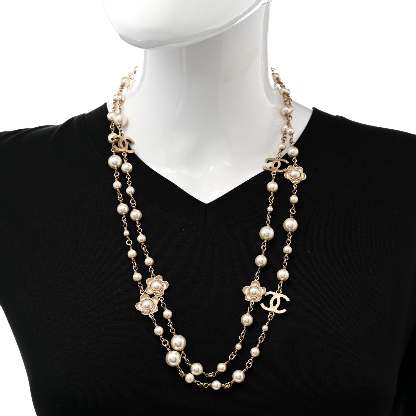 Pearl Bead CC Flower Long Necklace Gold