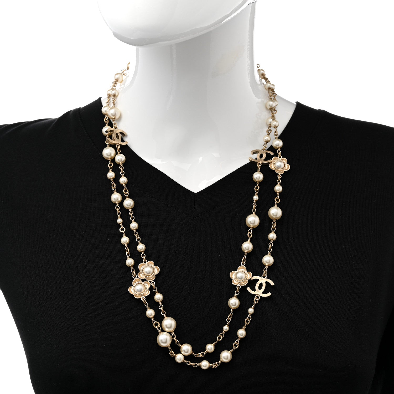 Chanel Pearl Bead CC Flower Long Necklace Gold 2 of 8