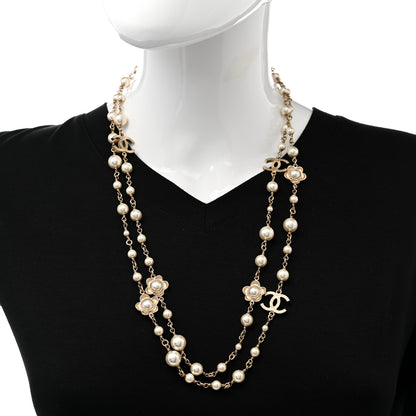 Chanel Pearl Bead CC Flower Long Necklace Gold 2 of 8