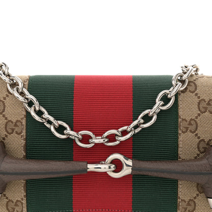 Gucci Monogram Textured Dollar Calfskin Heavy Grosgrain Web Medium Maxi Horsebit Chain Shoulder Bag Beige Ebony New Acero 8 of 11