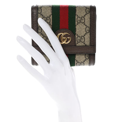 Gucci GG Supreme Monogram Textured Calfskin Web Ophidia Card Case Wallet Beige Ebony New Acero 2 of 7