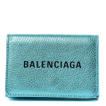 Balenciaga Metallic Goatskin Logo Mini Everyday Wallet Turquoise Black 1 of 7
