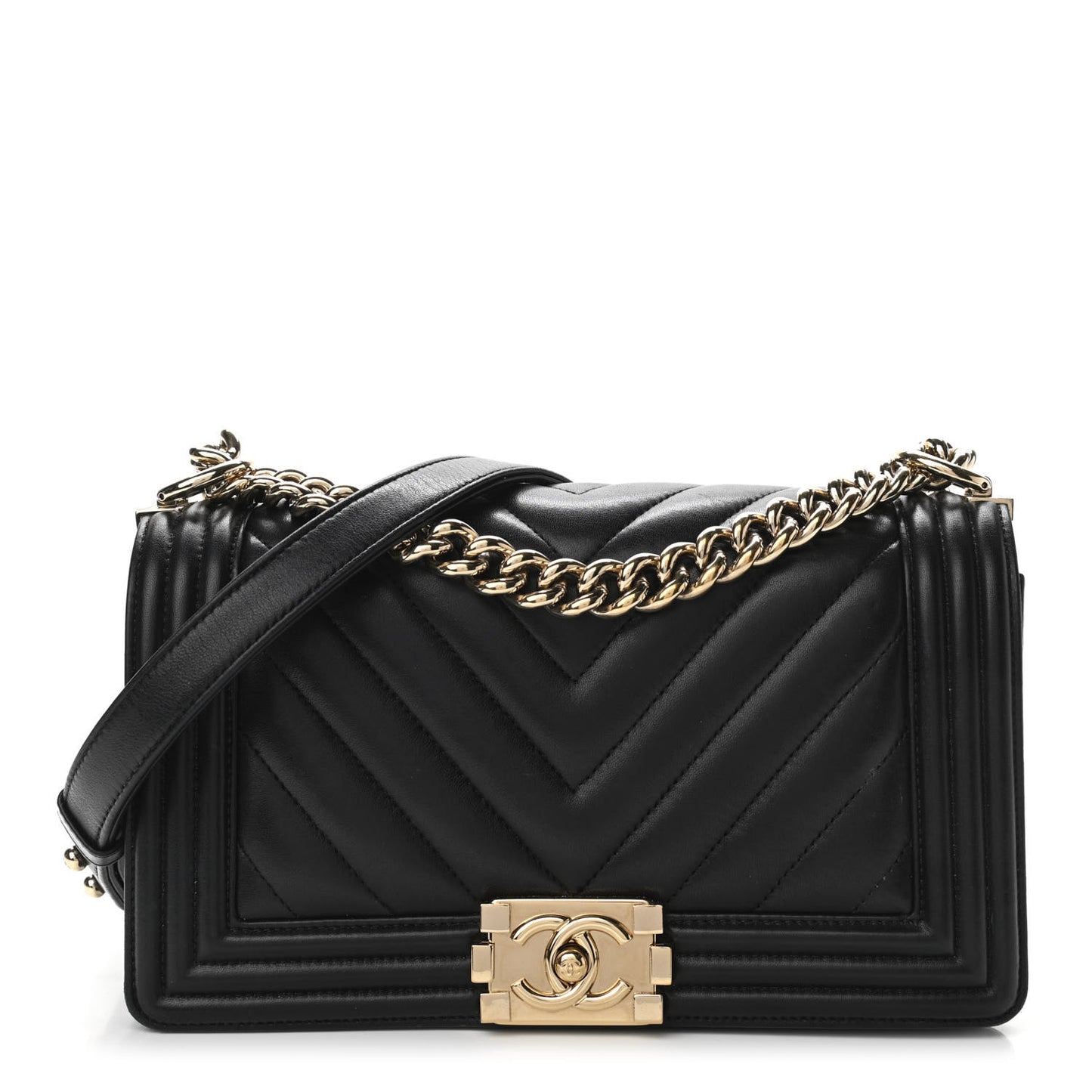 Calfskin Chevron Quilted Medium Boy Flap Black