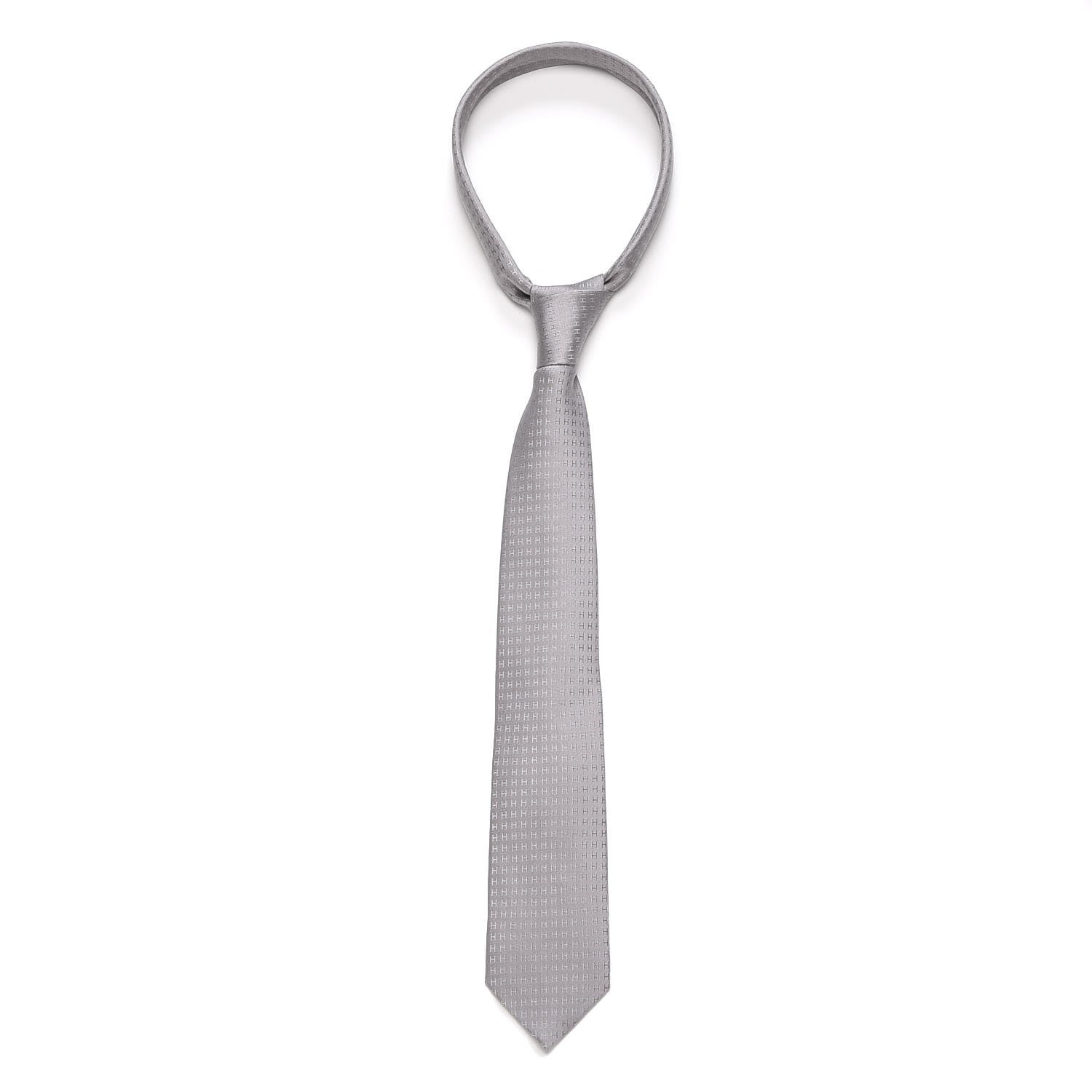 Hermes Mens Silk Printed Faconnee H Neck Tie Gris 1 of 4