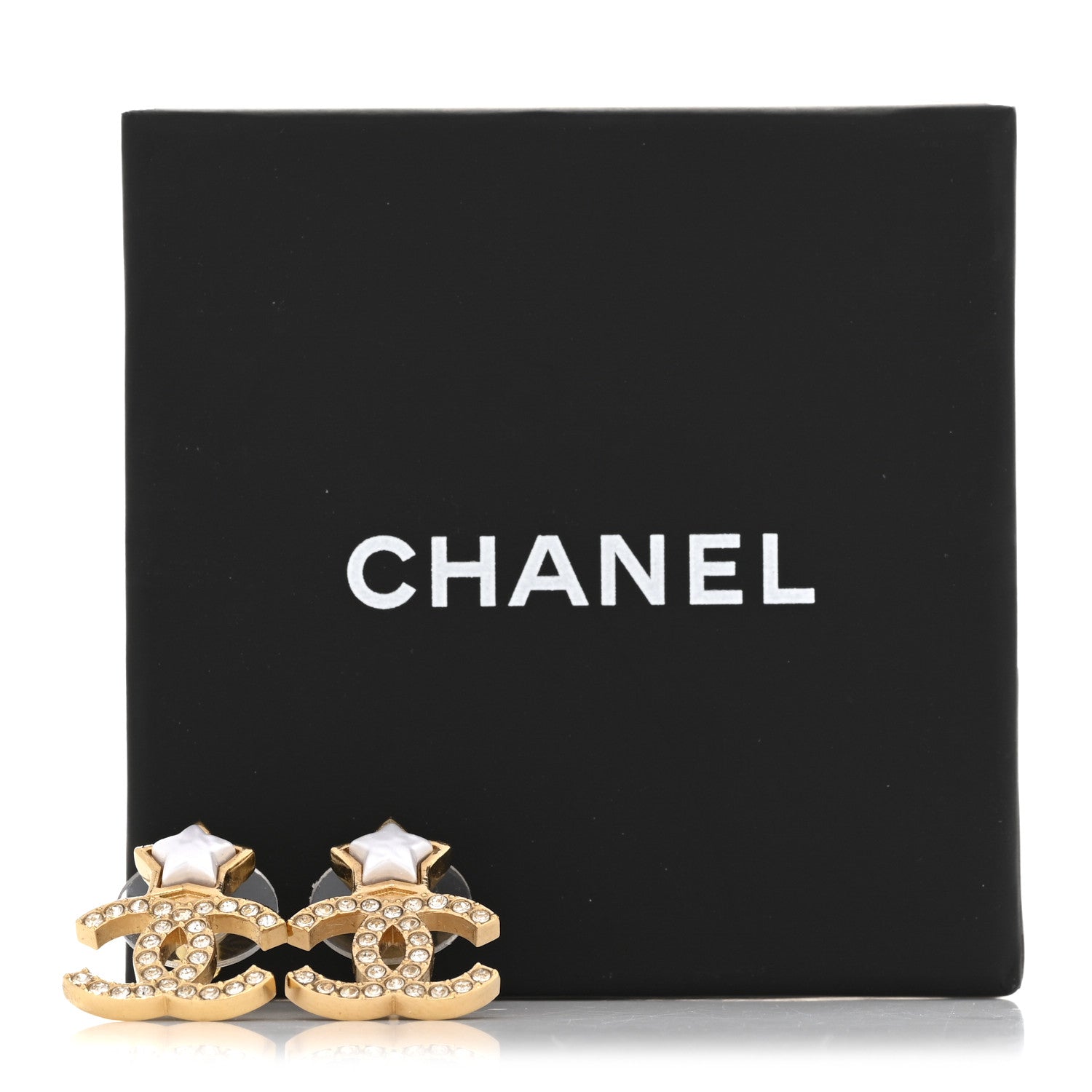 Chanel Metal Crystal Pearl CC Star Earrings Gold Pearly White 5 of 5