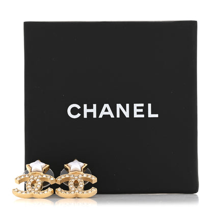 Chanel Metal Crystal Pearl CC Star Earrings Gold Pearly White 5 of 5
