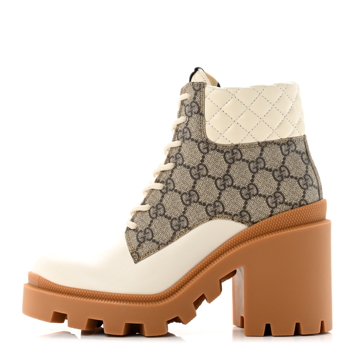 Gucci Calfskin GG Supreme Monogram Nappa Quilted Lace Up Ankle Boots 38 Mystic White Beige 1 of 10