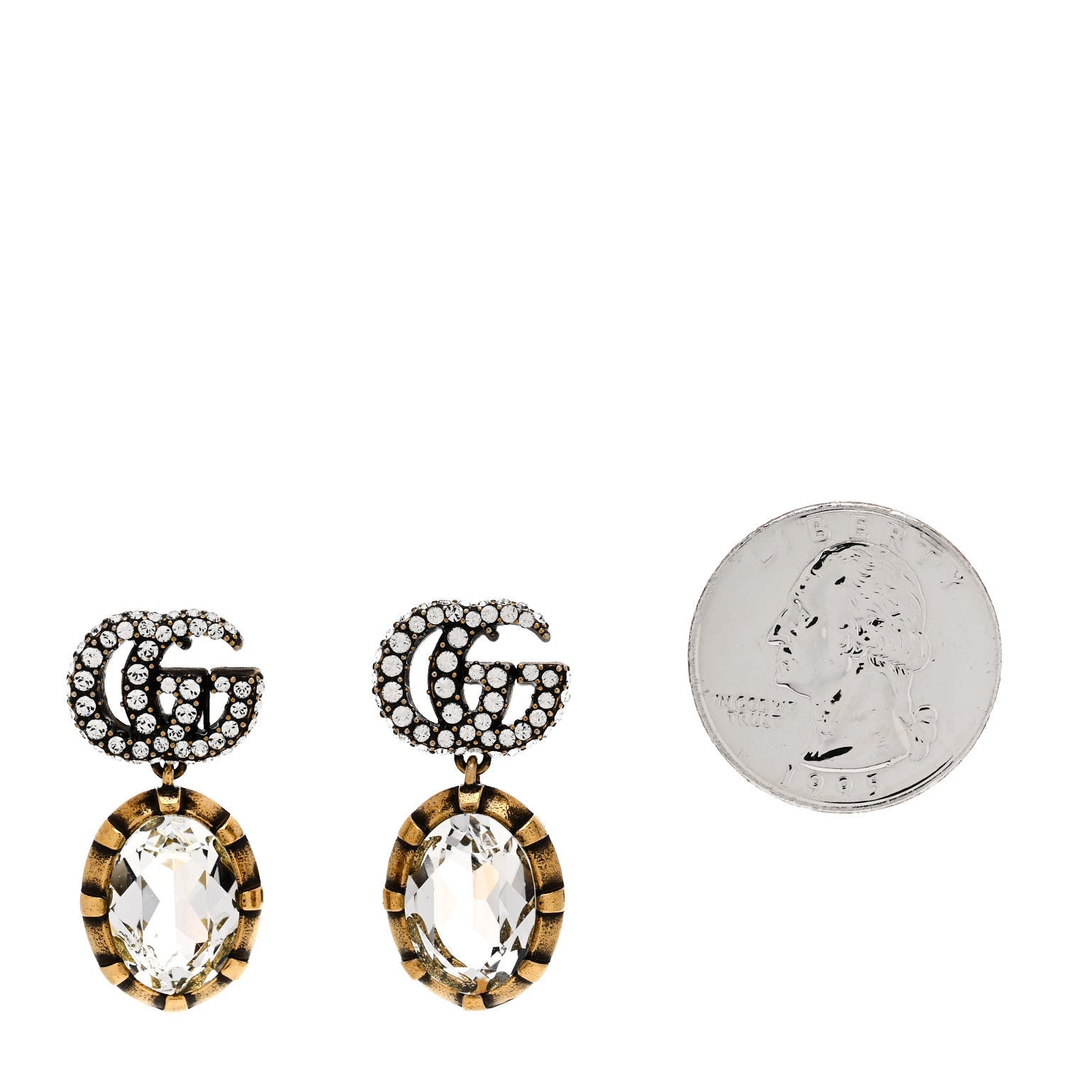 Gucci Metal Crystal Double G Drop Earrings Aged Gold 2 of 5