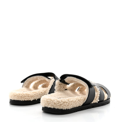 Hermes Calfskin Woolskin Womens Chypre Sandals 37.5 Black Ecru 4 of 9