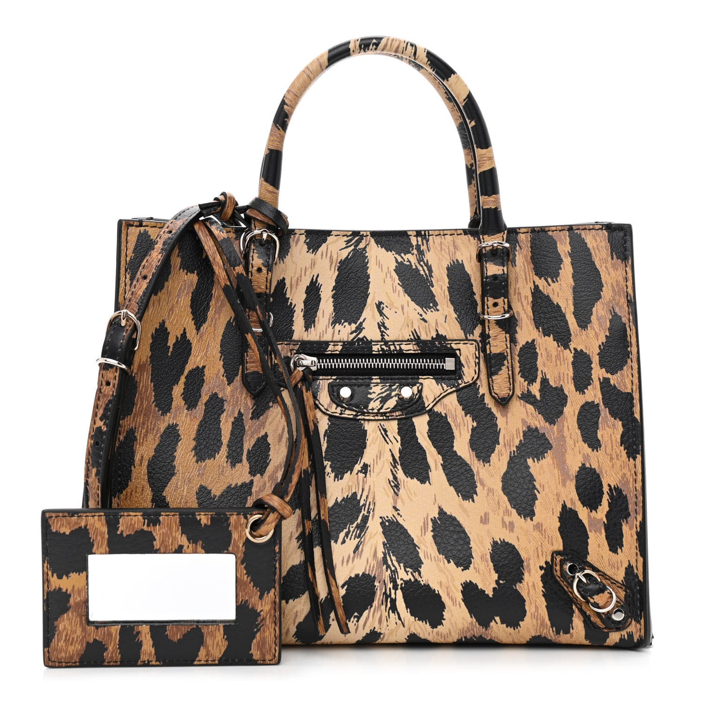 Grained Calfskin Leopard Print Papier Mini A4 Zip Around Tote Beige