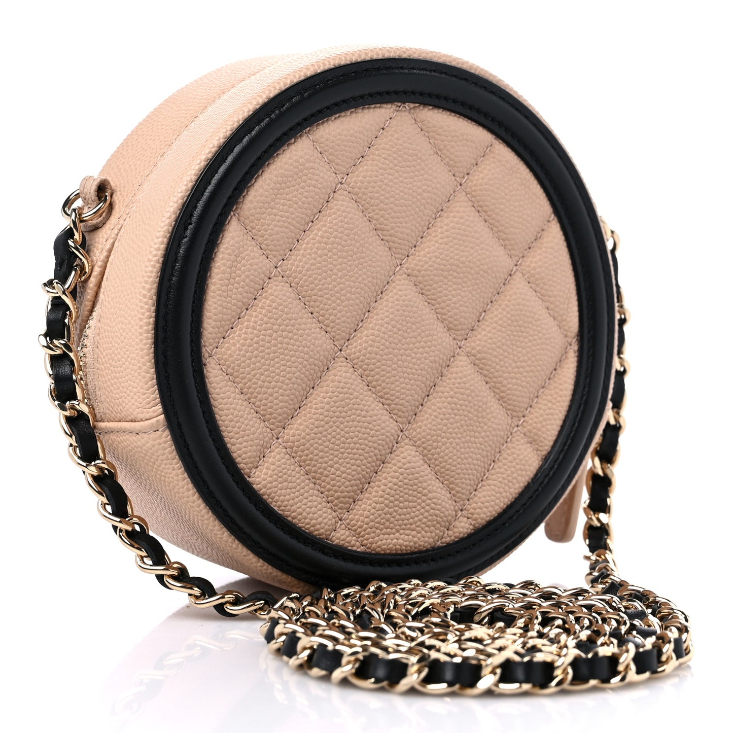 Caviar Quilted Round Filigree Crossbody Beige Black