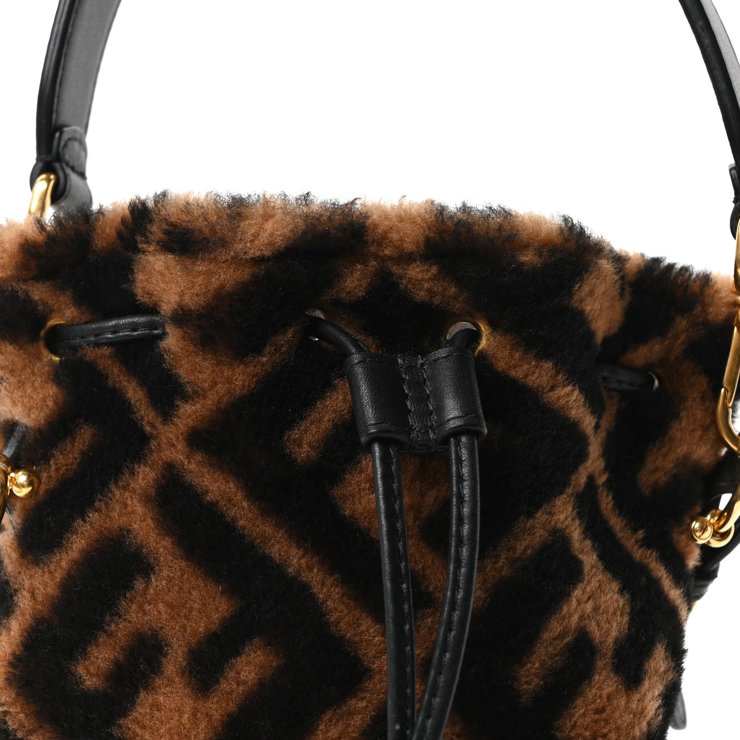 Shearling Vitello Dolce F is Fendi Macro FF 1974 Mini Mon Tresor Bucket Bag Tobacco Black