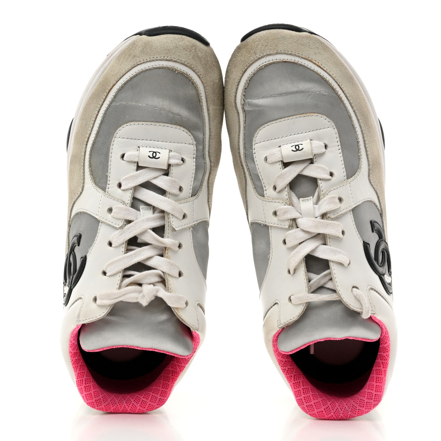 Calfskin Fabric Sneakers 39 White Silver Fluo Pink