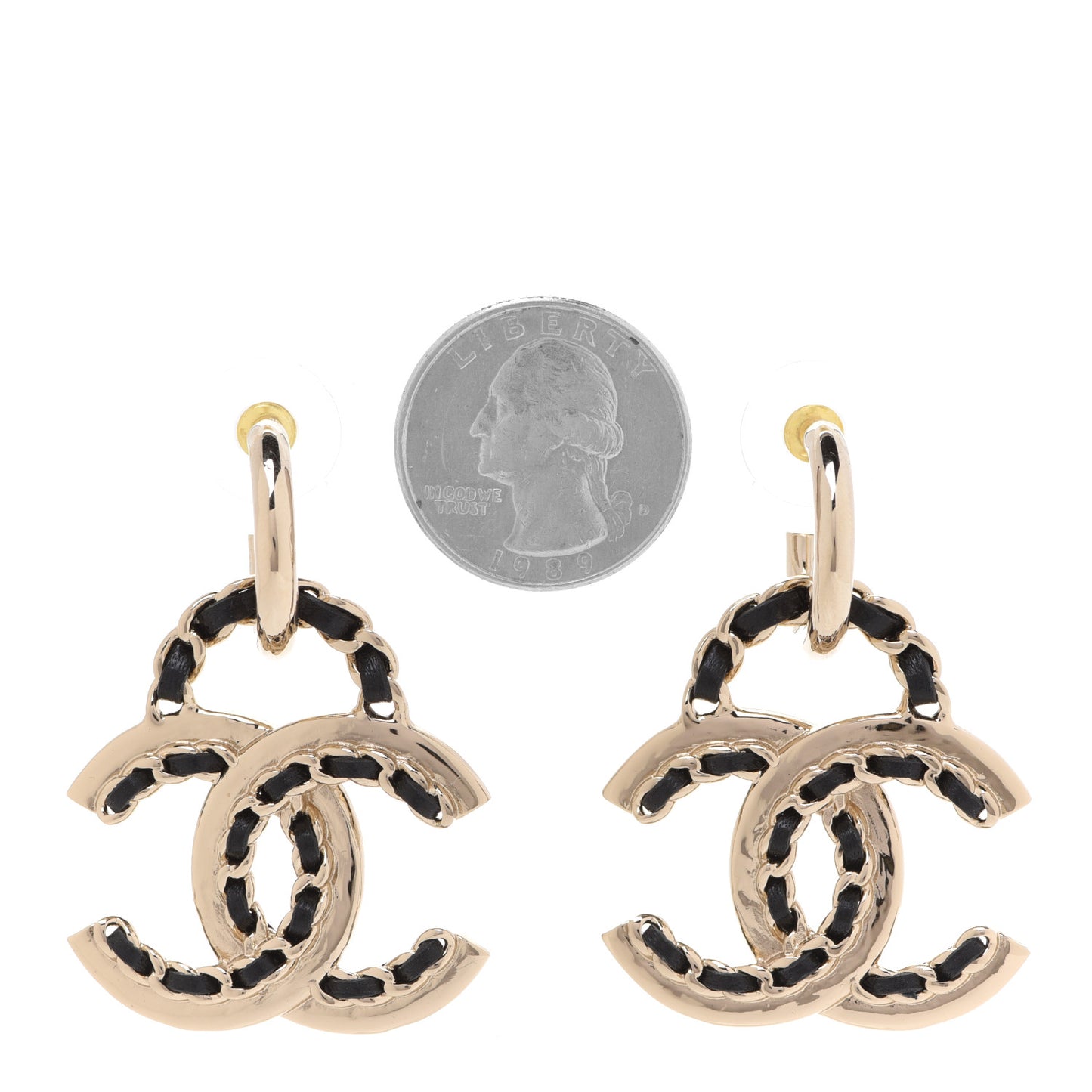 Lambskin Chain CC Drop Earrings Black Gold