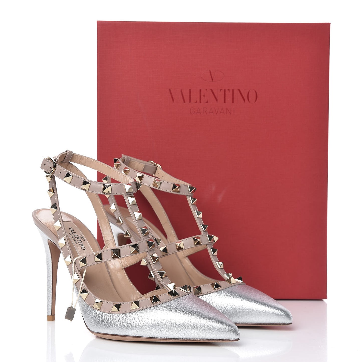 Metallic Pebbled Calfskin Rockstud Ankle Strap Pumps 37 Silver Poudre