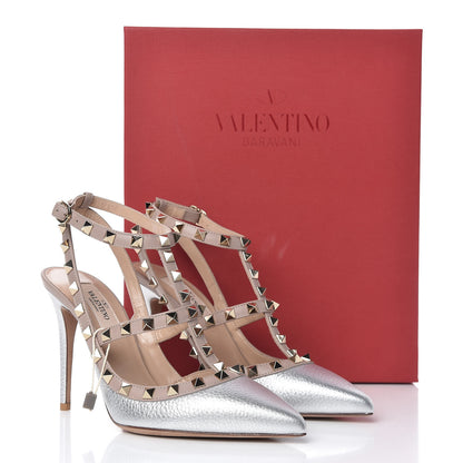 Valentino Garavani Metallic Pebbled Calfskin Rockstud Ankle Strap Pumps 37 Silver Poudre 9 of 9