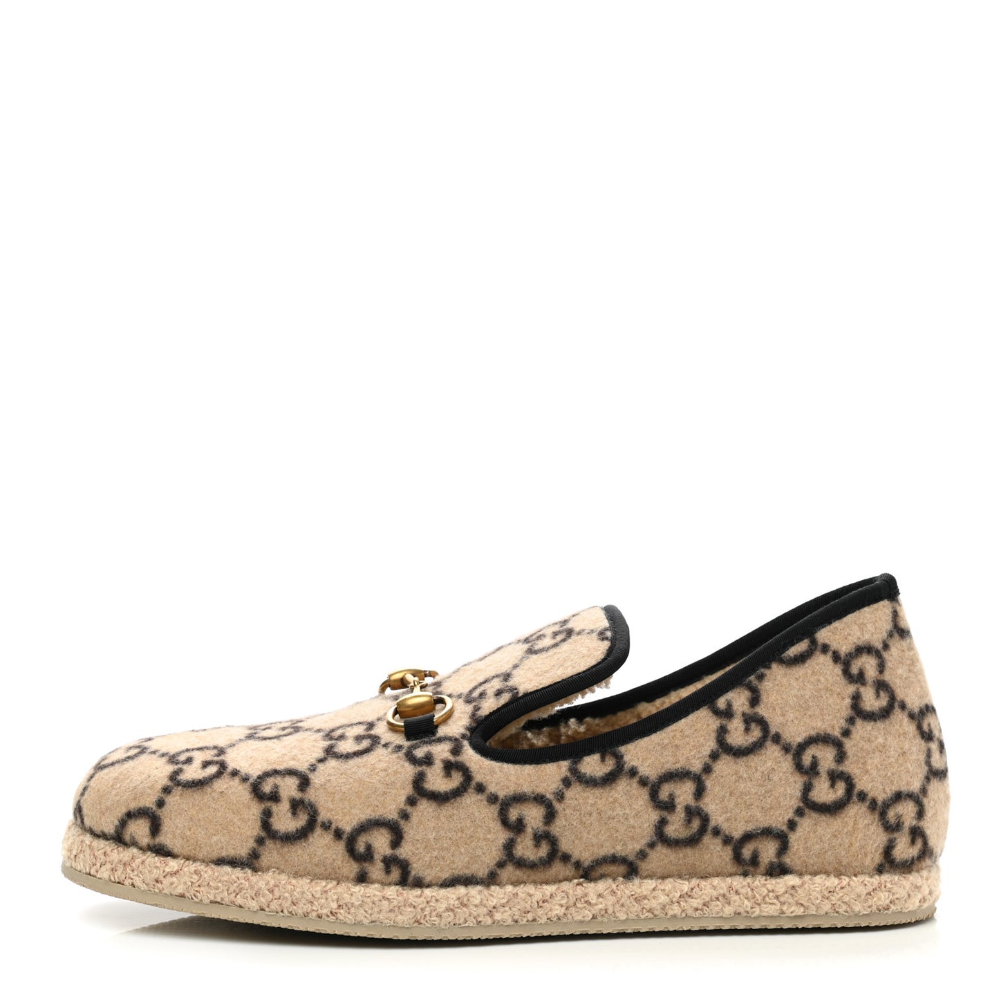 Covered Wool GG Monogram Mens Fria Horsebit Loafers 10 Beige Ebony Black Butterscotch