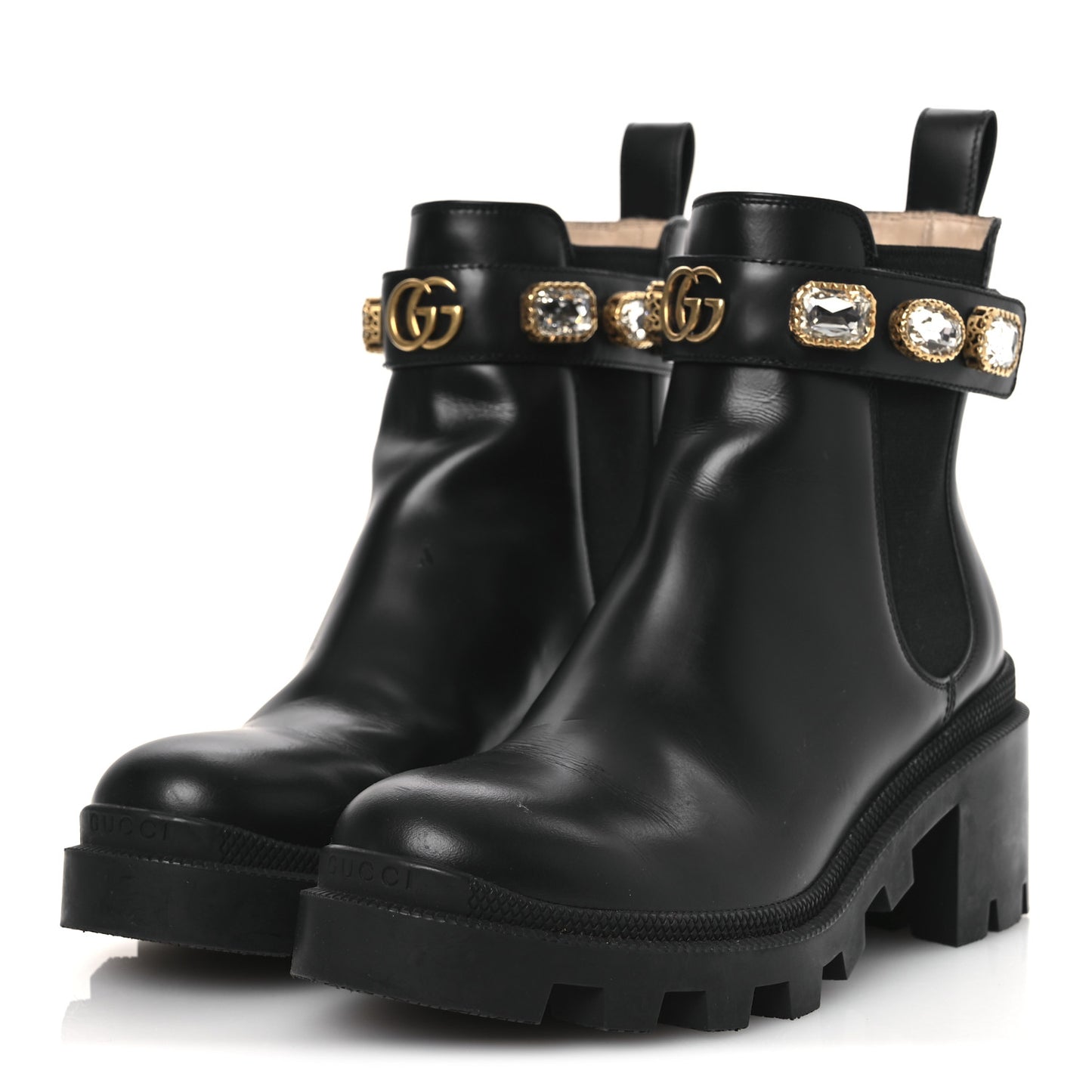Calfskin Crystal GG Trip Chelsea Ankle Boots 35.5 Black