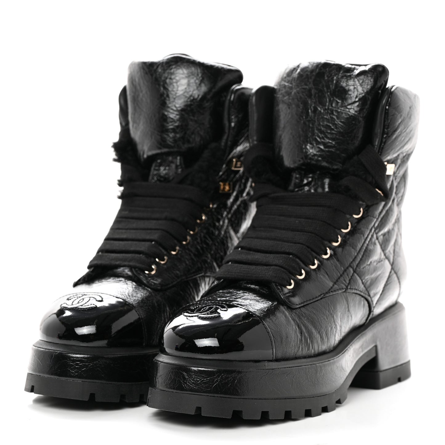 Crumpled Patent Lambskin Calfskin Quilted Lace Up Combat Boots 36.5 Black