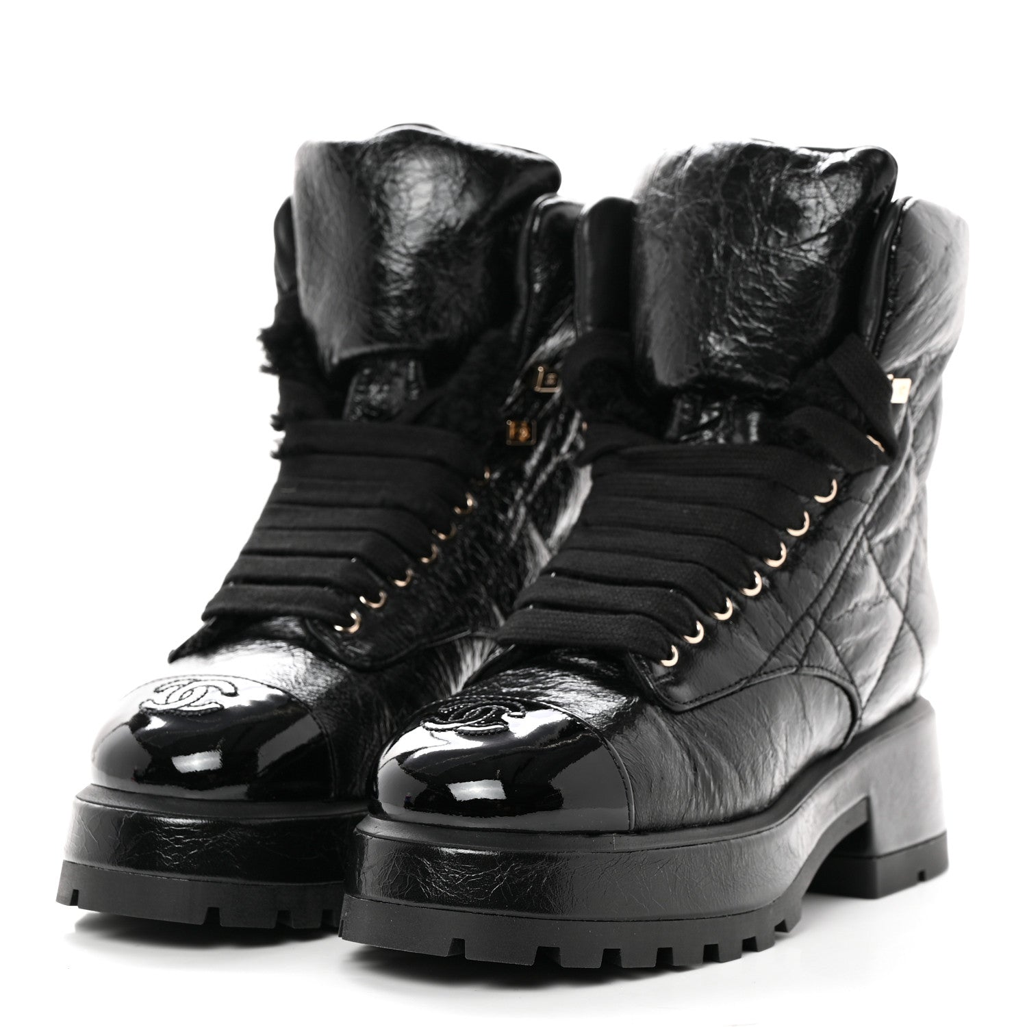 Chanel Crumpled Patent Lambskin Calfskin Quilted Lace Up Combat Boots 36.5 Black 3 of 10