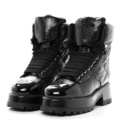 Chanel Crumpled Patent Lambskin Calfskin Quilted Lace Up Combat Boots 36.5 Black 3 of 10