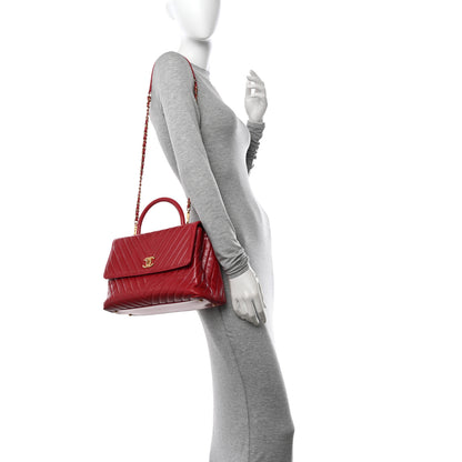Chanel Aged Calfskin Chevron Quilted Large Coco Handle Flap Red 2 of 16