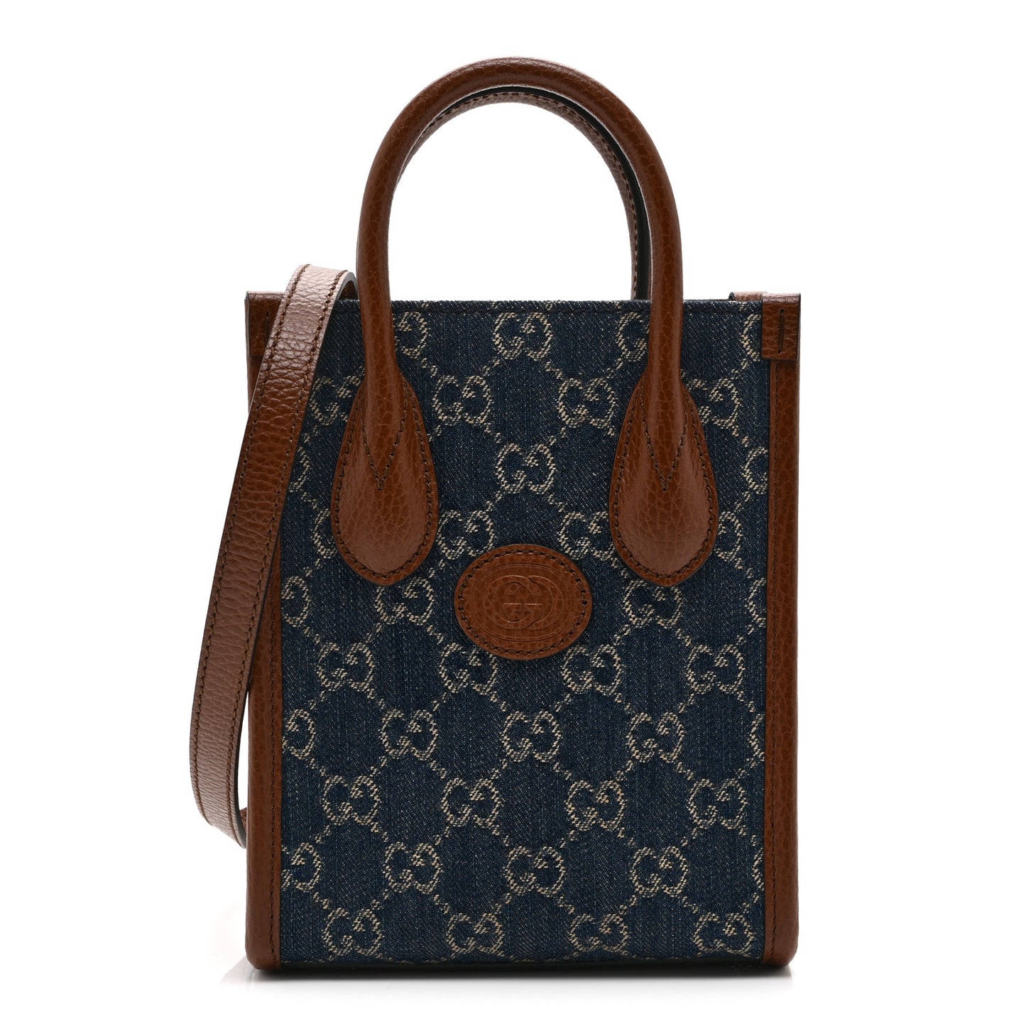 New Denim GG Monogram Dollar Calfskin Mini Retro Interlocking G Tote Bag Blue Tea Cuir Epilog