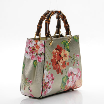 Gucci Metallic Shangai Calfskin Blooms Print Mini Bamboo Shopper Tote Gold Multicolor 4 of 8