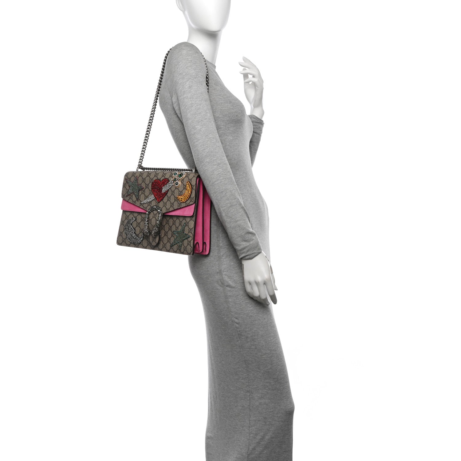 Gucci GG Supreme Monogram Suede Pierced Heart Embroidered Medium Dionysus Shoulder Bag Beige Ebony Pink Tropical Flower 2 of 16