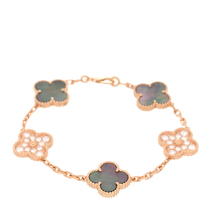 Van Cleef & Arpels 18K Rose Gold Diamond Gray Mother of Pearl 5 Motifs Vintage Alhambra Bracelet 1 of 4