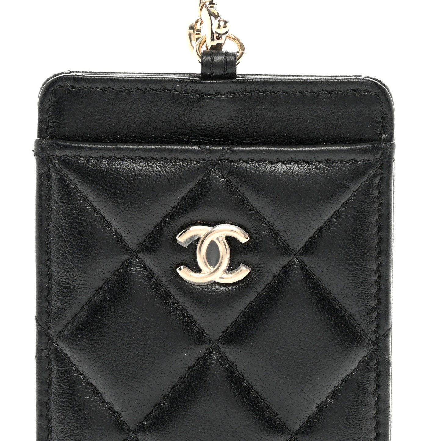 Lambskin Quilted Lanyard Card Holder On Chain Black