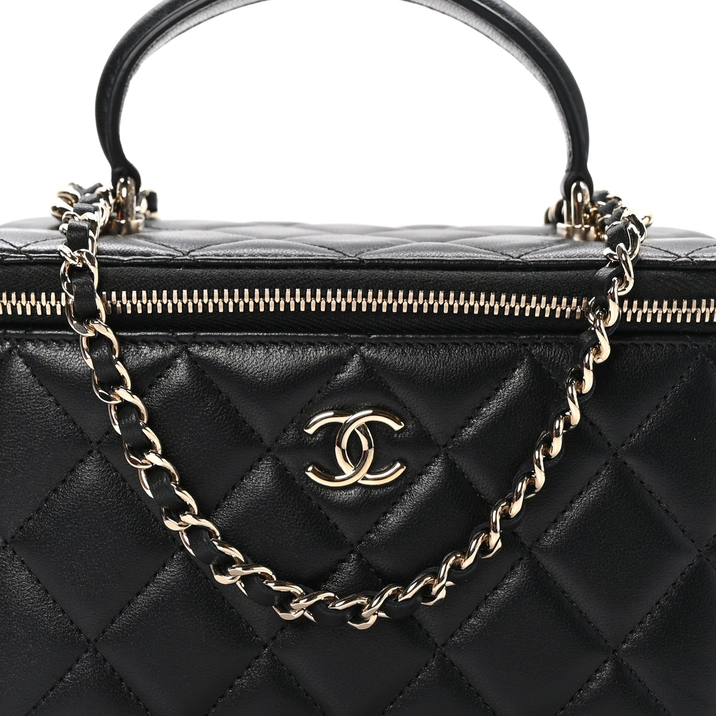 Lambskin Quilted Small Top Handle Vanity Case With Chain Black
