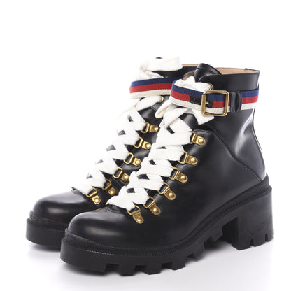 Gucci Calfskin Womens Sylvie Web Lace Up Combat Boots 37 Black 3 of 10