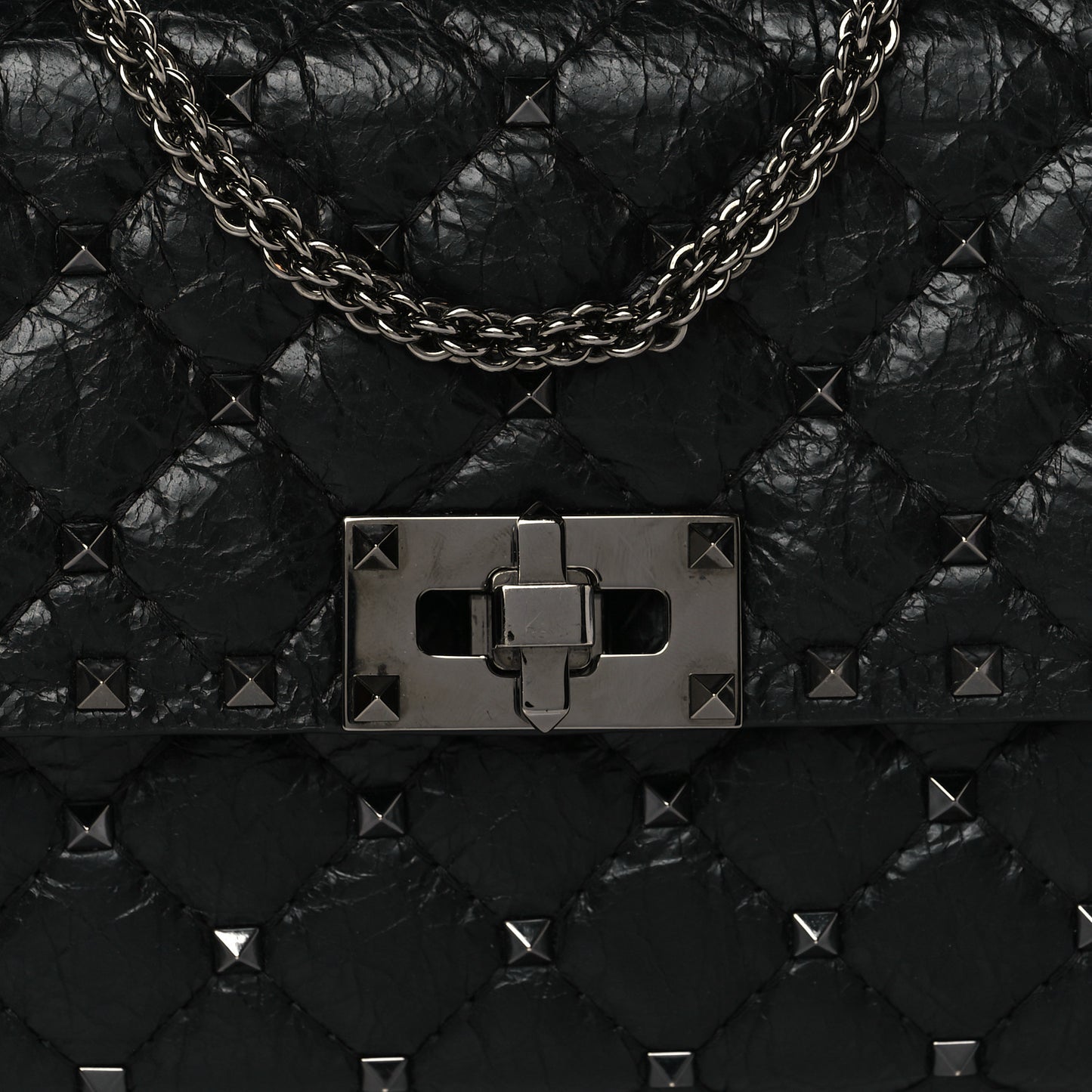 Craquele Nappa Rockstud Spike Wallet on Chain Black