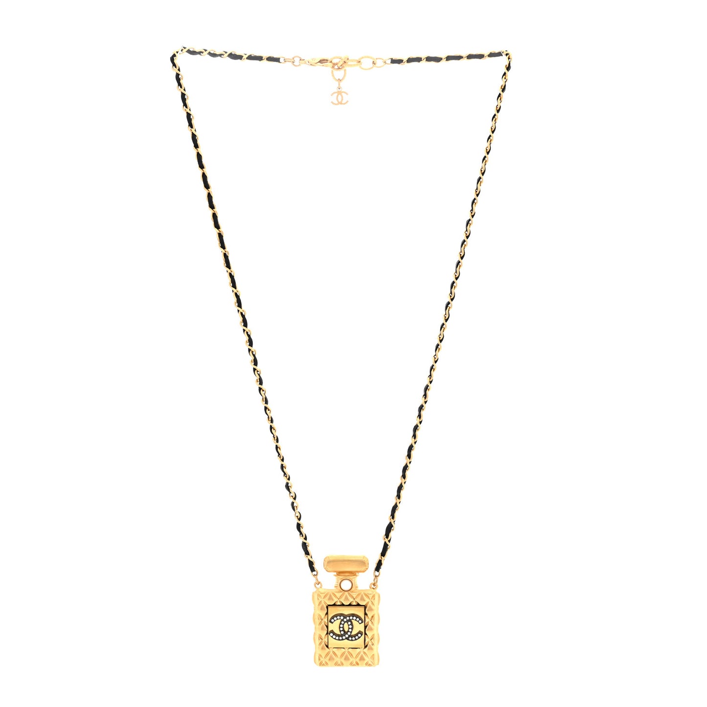 Lambskin Crystal Pearl Perfume Bottle CC Necklace Gold