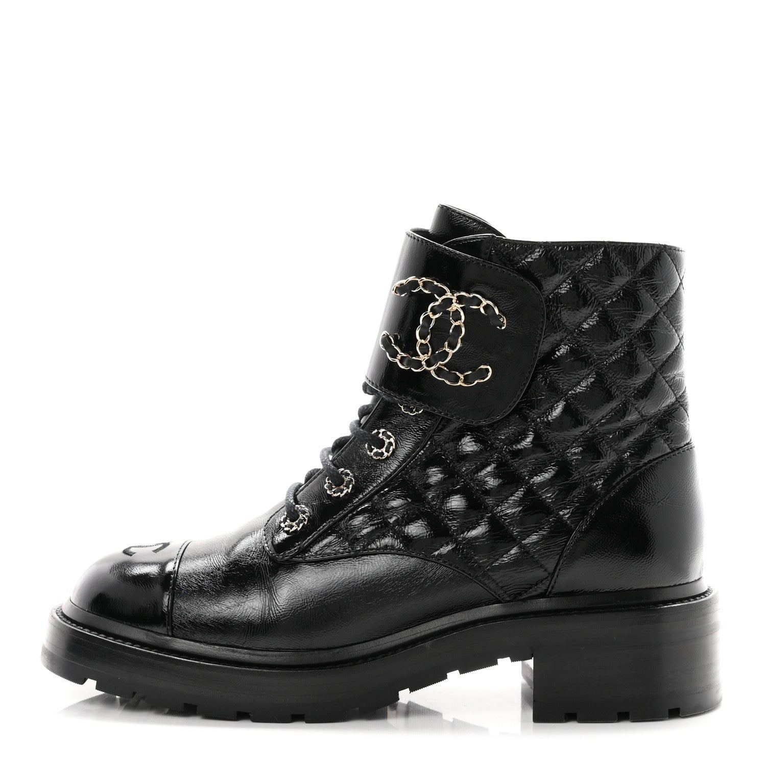 Chanel Shiny Calfskin Quilted Lace Up Combat Boots 40.5 Black 1 of 11