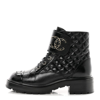 Chanel Shiny Calfskin Quilted Lace Up Combat Boots 40.5 Black 1 of 11