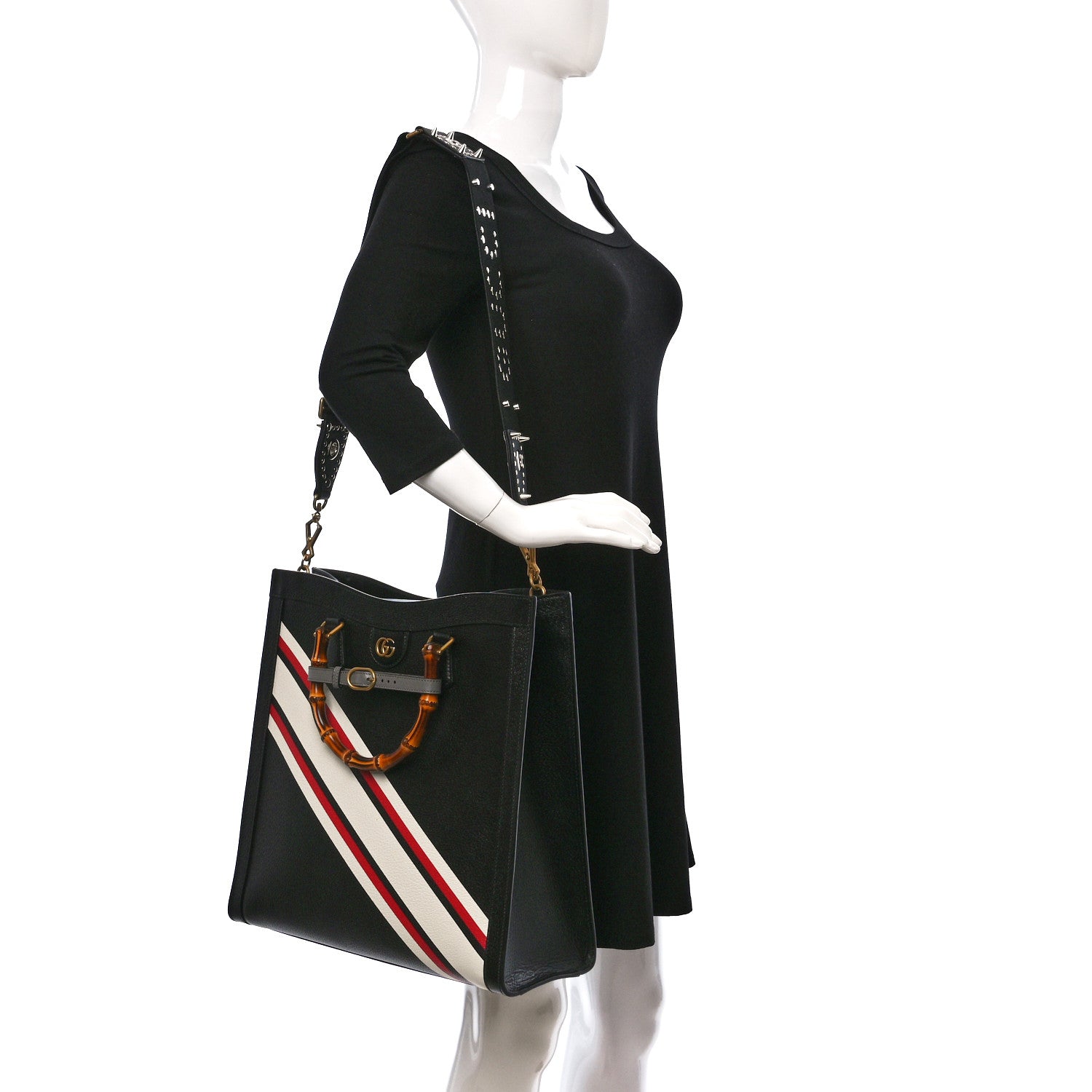 Gucci Textured Dollar Calfskin Stripe Studded Large Diana Tote Bag Black Multicolor 2 of 14